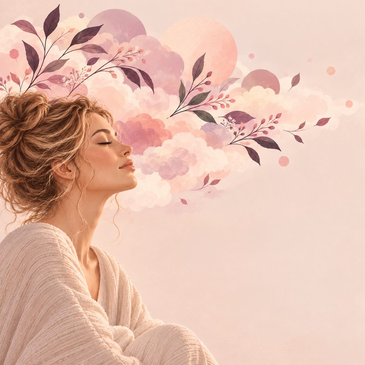 Illustration of a woman in profile with eyes closed, soft clouds and leaves drifting from her head
